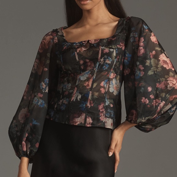 Anthropologie Tops - Anthropologie Floral Sheer Blouse - Black, Pink, Blue